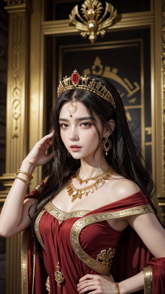 She is a queen of a city in ancient Greece. His hair is black and his eyes are blood red.. She wears a gold tiara around her head. He wears a gold earring in each of his ears.. He wears a necklace decorated with precious stones around his neck.. She is dressed in a red and black ancient Greek dress..