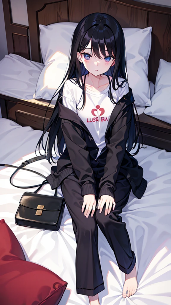, long black hair, preppy, vestimentas: pyjamas , local: in bed sleeping