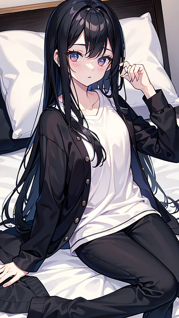 , long black hair, preppy, feeling: shame , local: in bed lying down