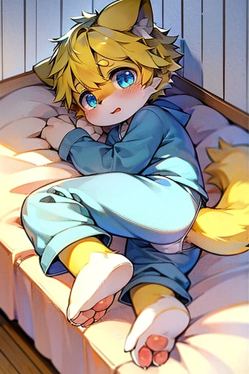 Blue pupils, Light yellow furry body, Light yellow furry tail, Boy Cat,Beautiful wallpaper,非常cute,Light yellow hair,P station popular style,Uma personagem,,cute,Hairy little legs,Traditional style,Blush Blush,Exquisite pajamas,lie on bed,