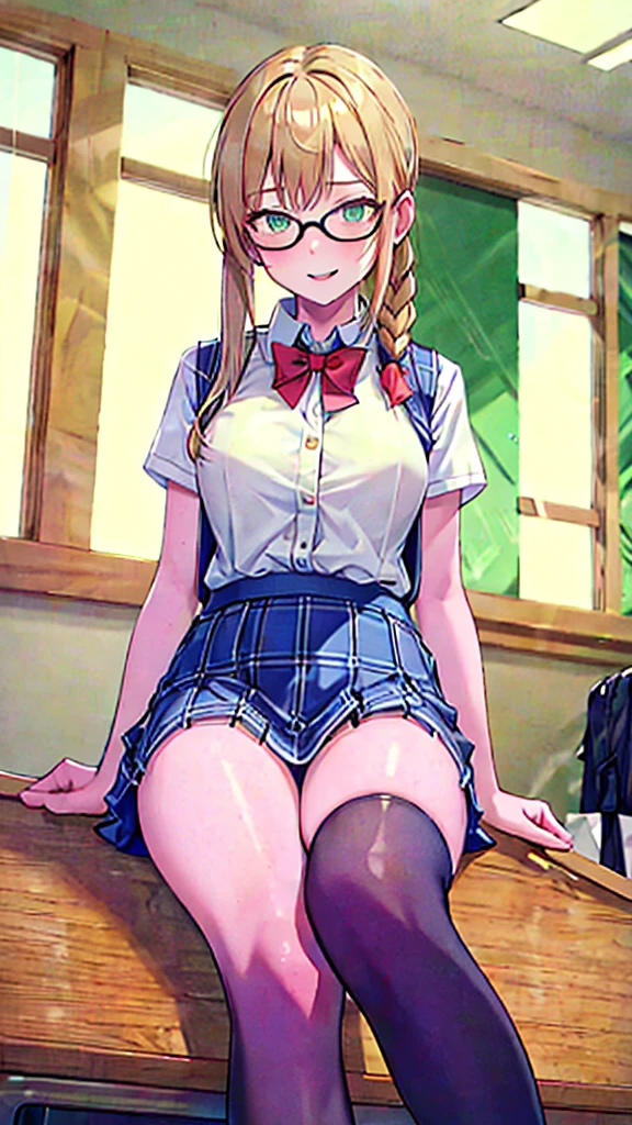 wide shot, ((best quality)), ((highly detailed)), masterpiece, (detailed eyes, deep eyes), (1girl), dynamic angle, cowboy shot,TOTK zelda, woman, smile, ((short blonde hair )), ((green eyes)),firm breasts, realistic proportions,lipstick, subtly visible breasts, day lighting, ((petite body)), ((school girl uniform)), knee high socks, sitting on table, high heels, short pleated skirt, , lace thong, back to camera,upskirt, lifting skirt, visible thong, (((visible nipples,nipple piercing bar))), hair braids
