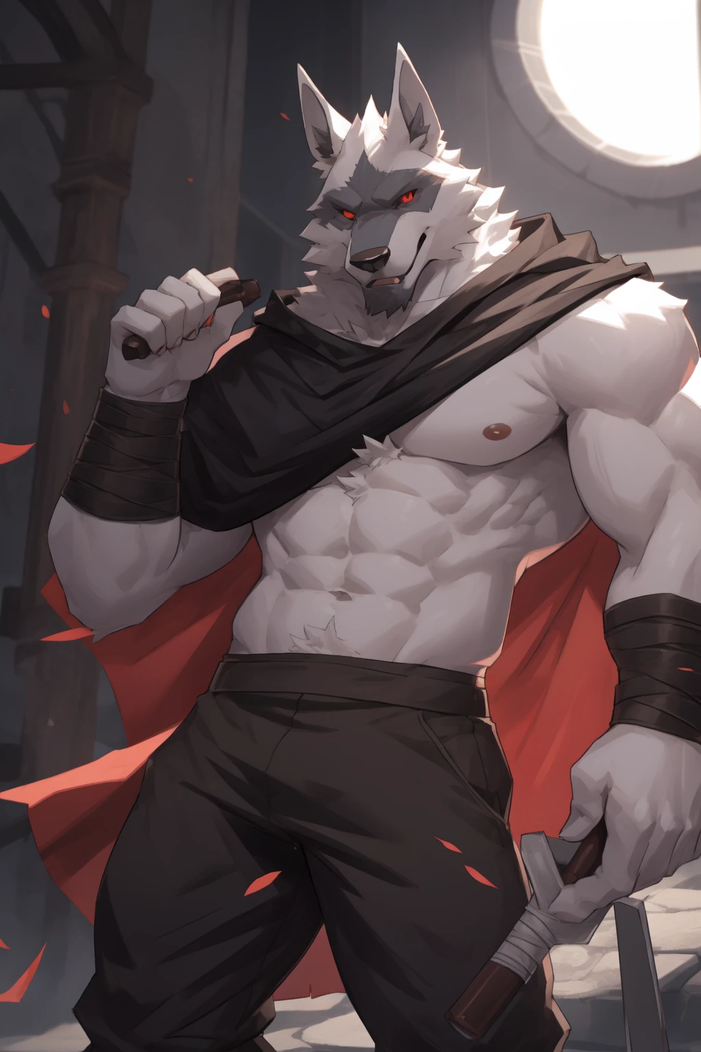 Death, wolf, white fur, red eyes, buff, shirtless, wearing black pants, wearing black cloak, rainbow eyeshadows, red eyes, hd 8k