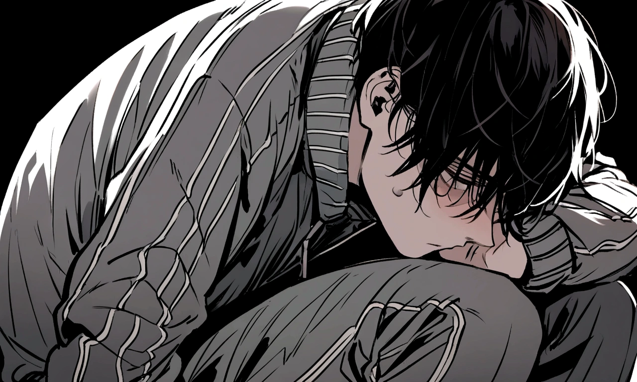 black and white drawing, black background, human, 26 year old male, black neat hair, a lonely face, wearing gray tracksuit, squat down, Frustration