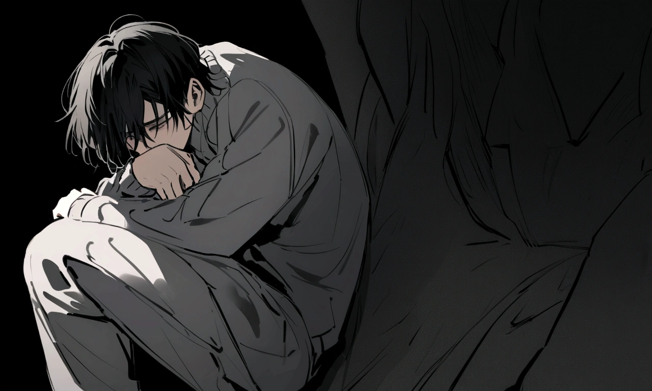 black and white drawing, black background, human, 26 year old male, black neat hair, a lonely face, wearing gray tracksuit, squat down, Frustration