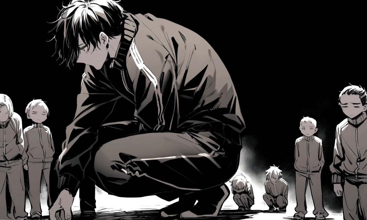 black and white drawing, black background, human, 26 year old male, black neat hair, a lonely face, wearing gray tracksuit, squat down, Frustration