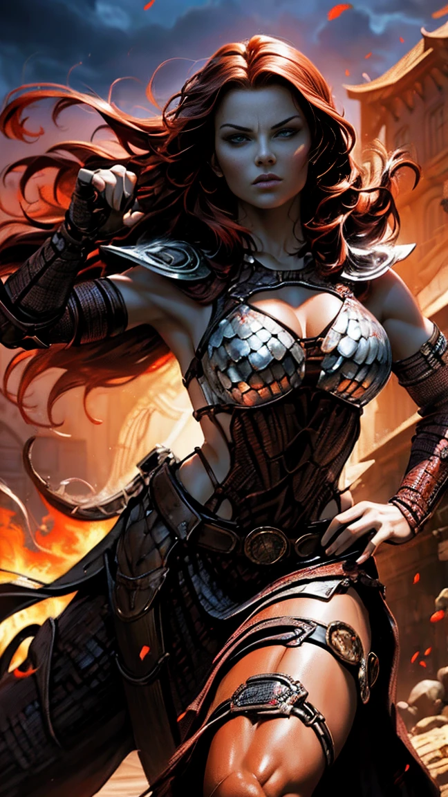 (redhead:1.1, fantasy:1.2, comic book:1.2), sexy warrior princess, fierce demeanor, red hair flowing, breathtaking beauty, seductive aura, strong and confident, striking pose, powerful stance, fierce eyes, passionate spirit, large, well-defined muscles, armored bikini ensemble, shimmering chainmail, intricate details of the armor, intricate sword, charismatic presence, fire-like sword strokes, swirling flames, epic battle, mythical background, atmospheric lighting, intense red hues, dramatic shadows, dynamic composition, high-resolution artwork, fine art quality, hyper-realistic style, perfect anatomy, captivating curves, radiant skin tones, flirtatious smile