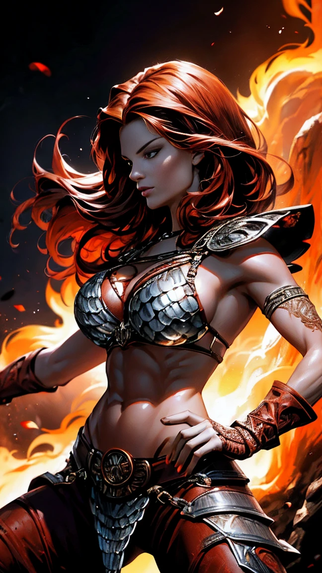 (redhead:1.1, fantasy:1.2, comic book:1.2), sexy warrior princess, fierce demeanor, red hair flowing, breathtaking beauty, seductive aura, strong and confident, striking pose, powerful stance, fierce eyes, passionate spirit, large, well-defined muscles, armored bikini ensemble, shimmering chainmail, intricate details of the armor, intricate sword, charismatic presence, fire-like sword strokes, swirling flames, epic battle, mythical background, atmospheric lighting, intense red hues, dramatic shadows, dynamic composition, high-resolution artwork, fine art quality, hyper-realistic style, perfect anatomy, captivating curves, radiant skin tones, flirtatious smile