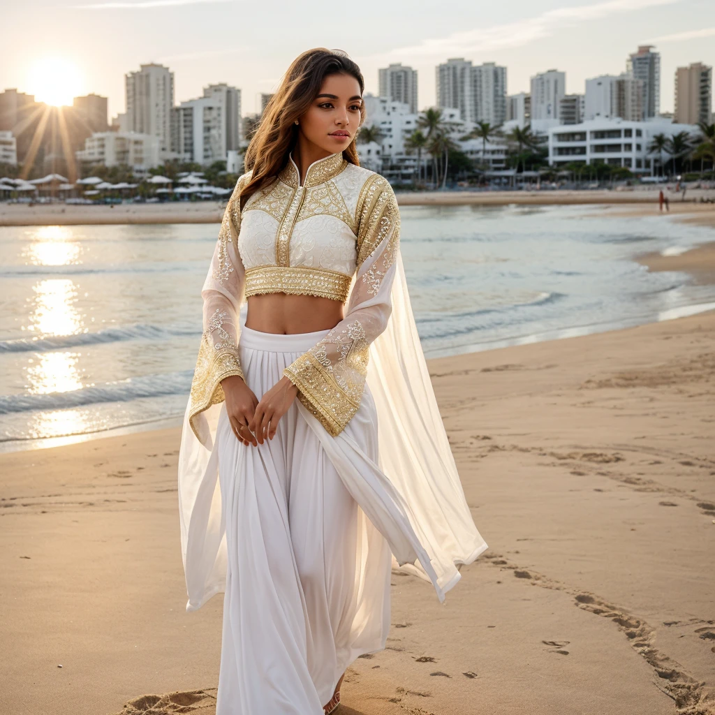 Create a realistic young woman stands outdoors, wearing a white golden sharara. She holds a small golden white purse and is positioned in front of a modern beach background city. The sharara features intricate lace detailing on the sleeves, adding an elegant touch to her modest attire. Sunlight softly illuminates her, highlighting the texture of her outfit and casting gentle shadows around her. high-contrast, dramatic look relightning.