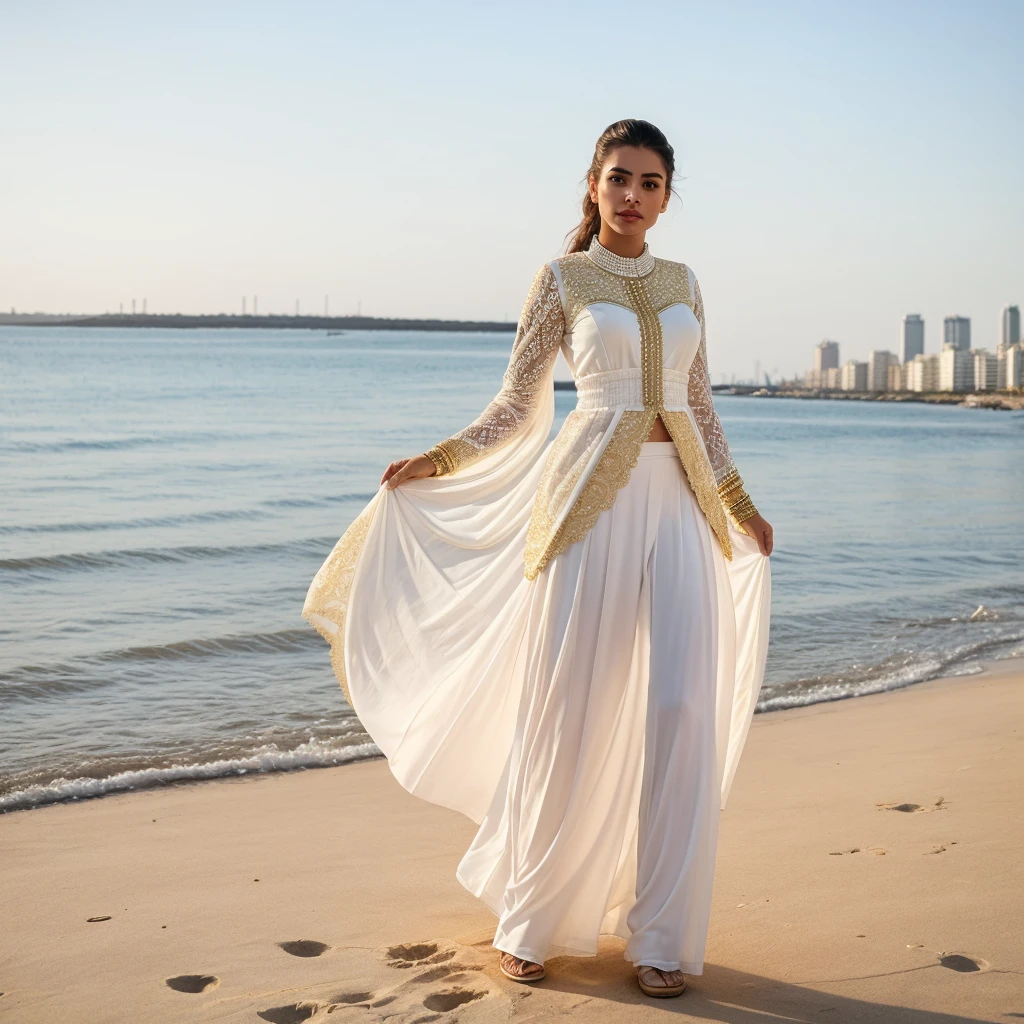 Create a realistic young woman stands outdoors, wearing a white golden sharara. She holds a small golden white purse and is positioned in front of a modern beach background city. The sharara features intricate lace detailing on the sleeves, adding an elegant touch to her modest attire. Sunlight softly illuminates her, highlighting the texture of her outfit and casting gentle shadows around her. high-contrast, dramatic look relightning.