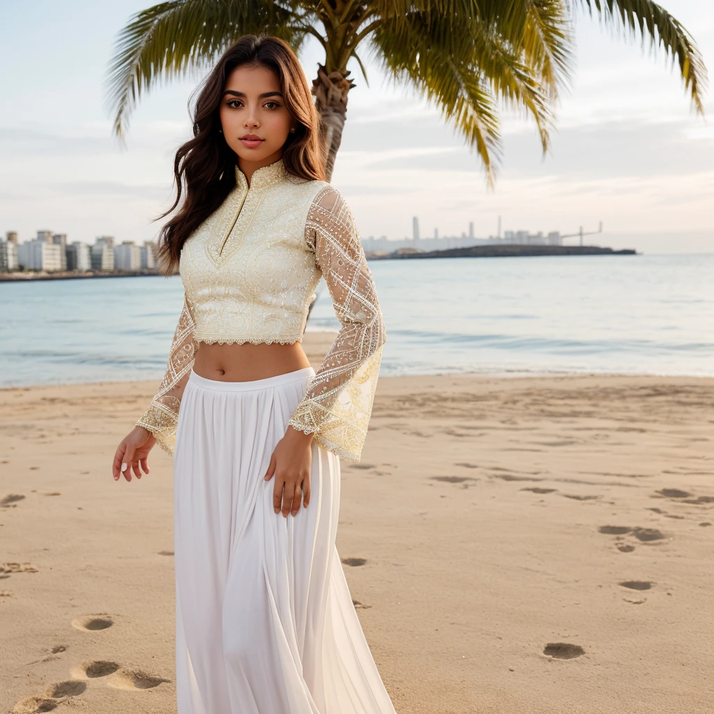 Create a realistic young woman stands outdoors, wearing a white golden sharara. She holds a small golden white purse and is positioned in front of a modern beach background city. The sharara features intricate lace detailing on the sleeves, adding an elegant touch to her modest attire. Sunlight softly illuminates her, highlighting the texture of her outfit and casting gentle shadows around her. high-contrast, dramatic look relightning.