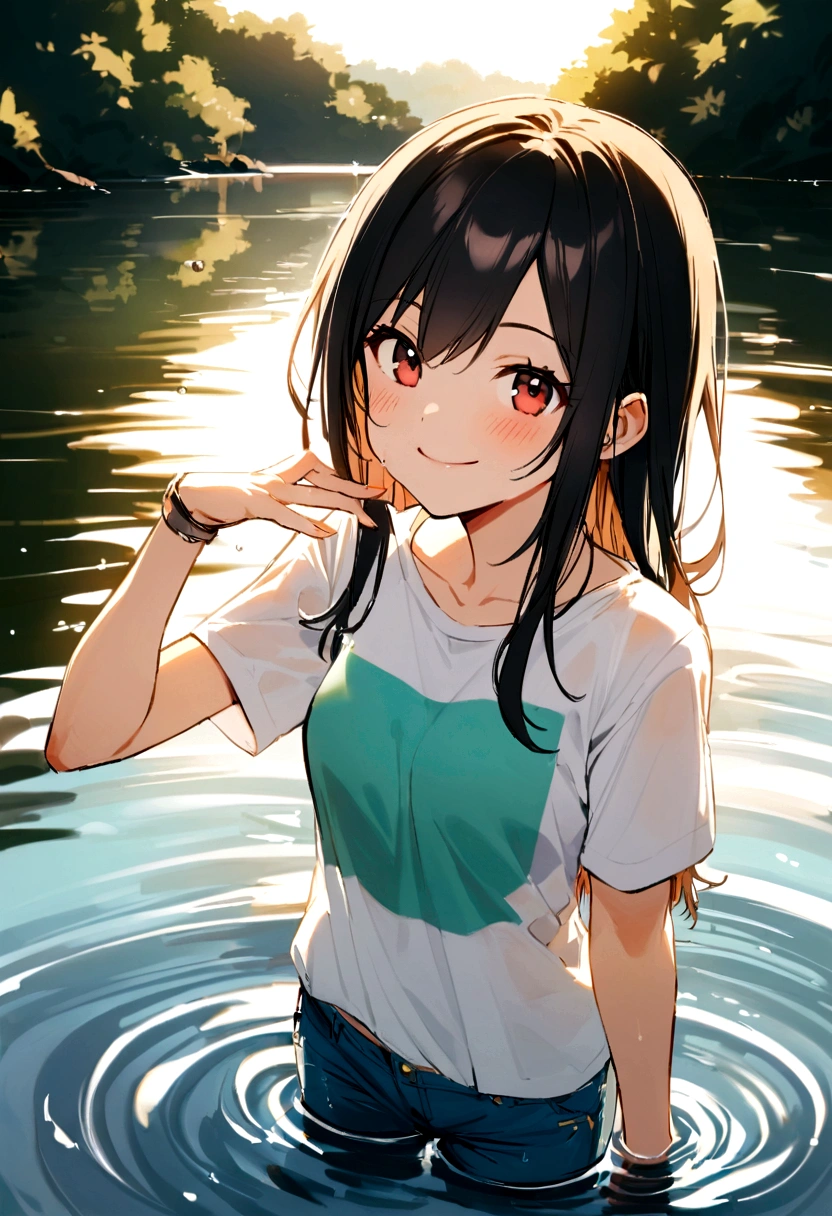 Japanese、18-year-old、Very slim、((Smiling))、T-Shirts、Turn up your pants、River shallow waters