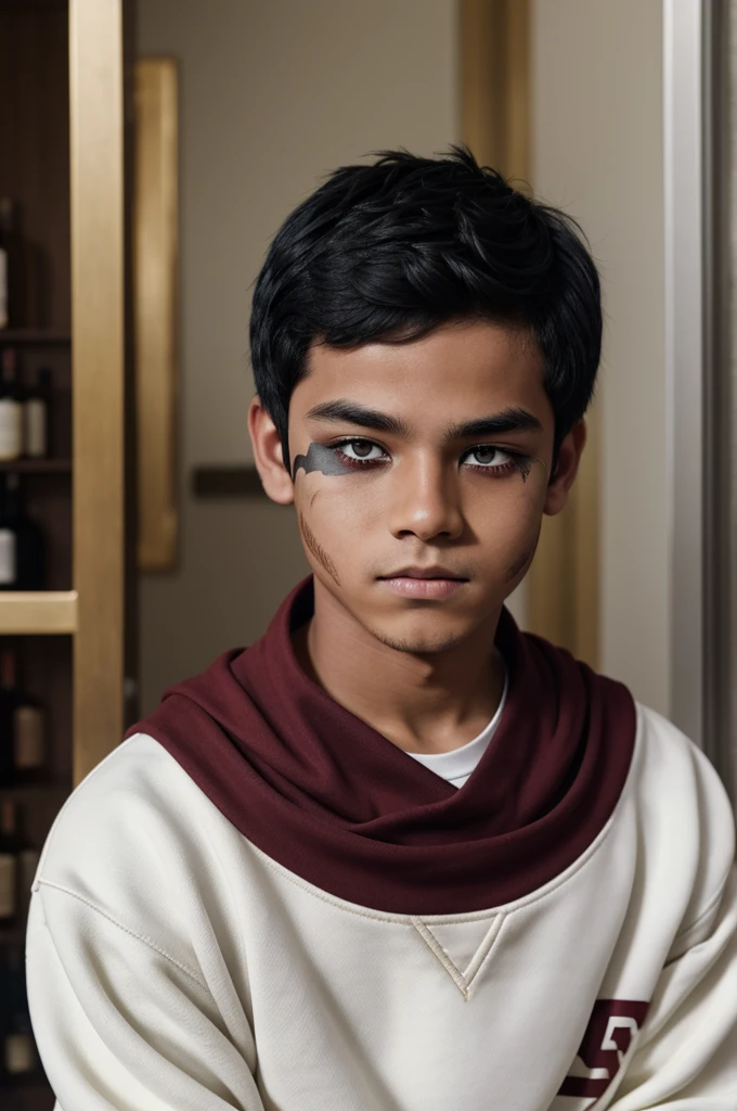 A boy with black hair, one eye gold and the other eye black, a white sweatshirt, wine colored pants, white skin with burns, a cut in the mouth to the cheeks