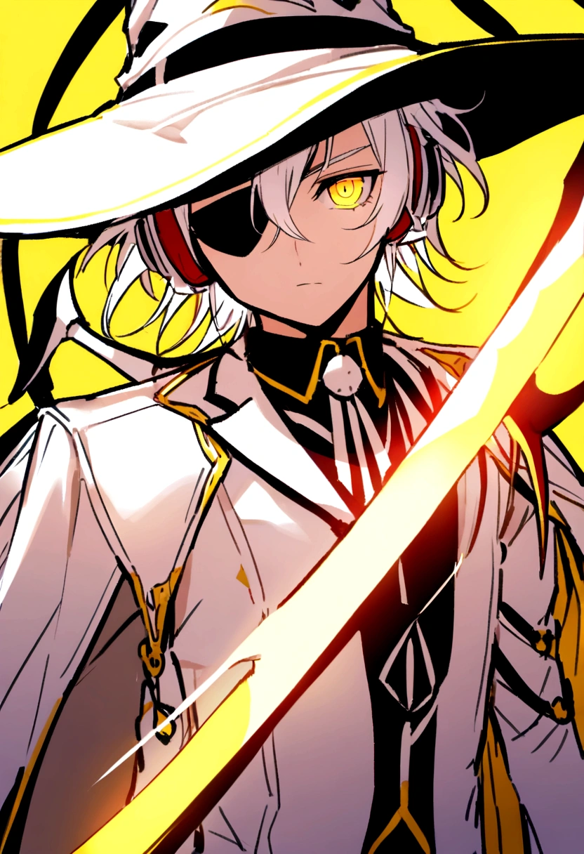 Hair style, eyes closed, white hair, wearing a white suit with yellow highlights, wearing an eye patch, red and white headphones. He held a death scythe and had two lights beside him. He wore a white witch's hat.