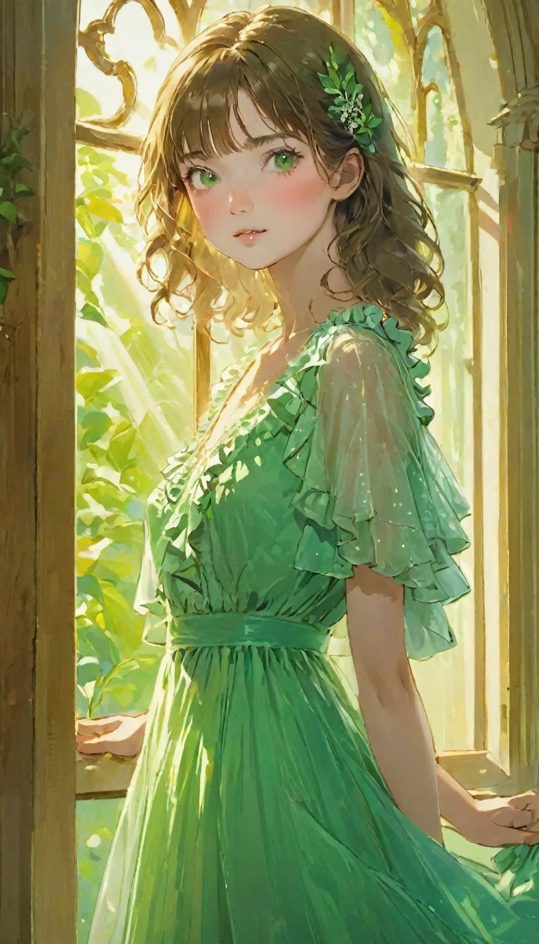 (Highest quality, masterpiece), A beautiful Brazilian woman, Intricate details, Frills, See through, Show Viewer, Sunlight from the window, blush, bangs, Are standing, Upper Body,Green dress、The background is also green