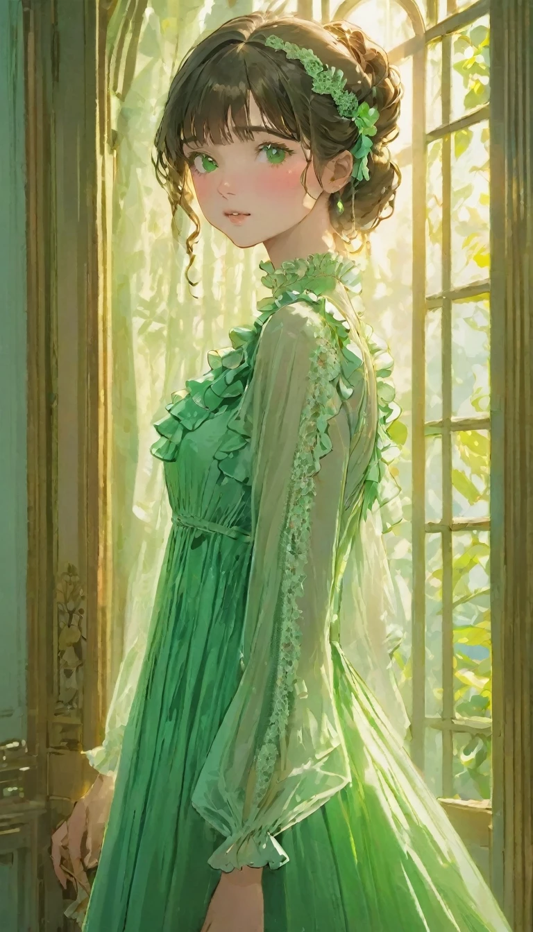 (Highest quality, masterpiece), A beautiful Brazilian woman, Intricate details, Frills, See through, Show Viewer, Sunlight from the window, blush, bangs, Are standing, Upper Body,Green dress、The background is also green