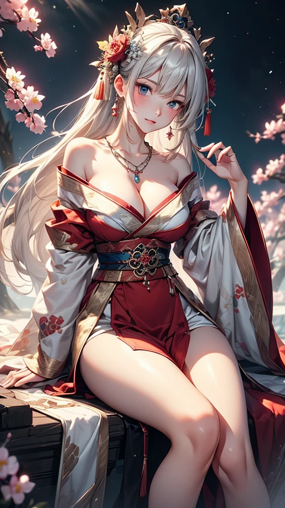 (masterpiece:1.5, Highest quality, Very detailed、 Dutch Angle、Semi-realistic、Fantasy)(One Girl, alone)(White and beautiful hair:1.4,,Straight Long Hair)(Wearing Han clothes, Royalty、White and red Hanfu:1.6,Thick fabric,Long sleeve)、((Off the shoulder、large breasts, Beautiful cleavage、ruby necklace))(Legs wrapped in tights)(cherry blossoms、dead tree、Mystical Night、Particles of light float around the woman、Fantasyのためのスペース)