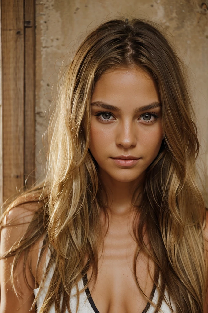blond hair, ne souri pas, dark eyes, a little tanned skin, long and wavy hair,