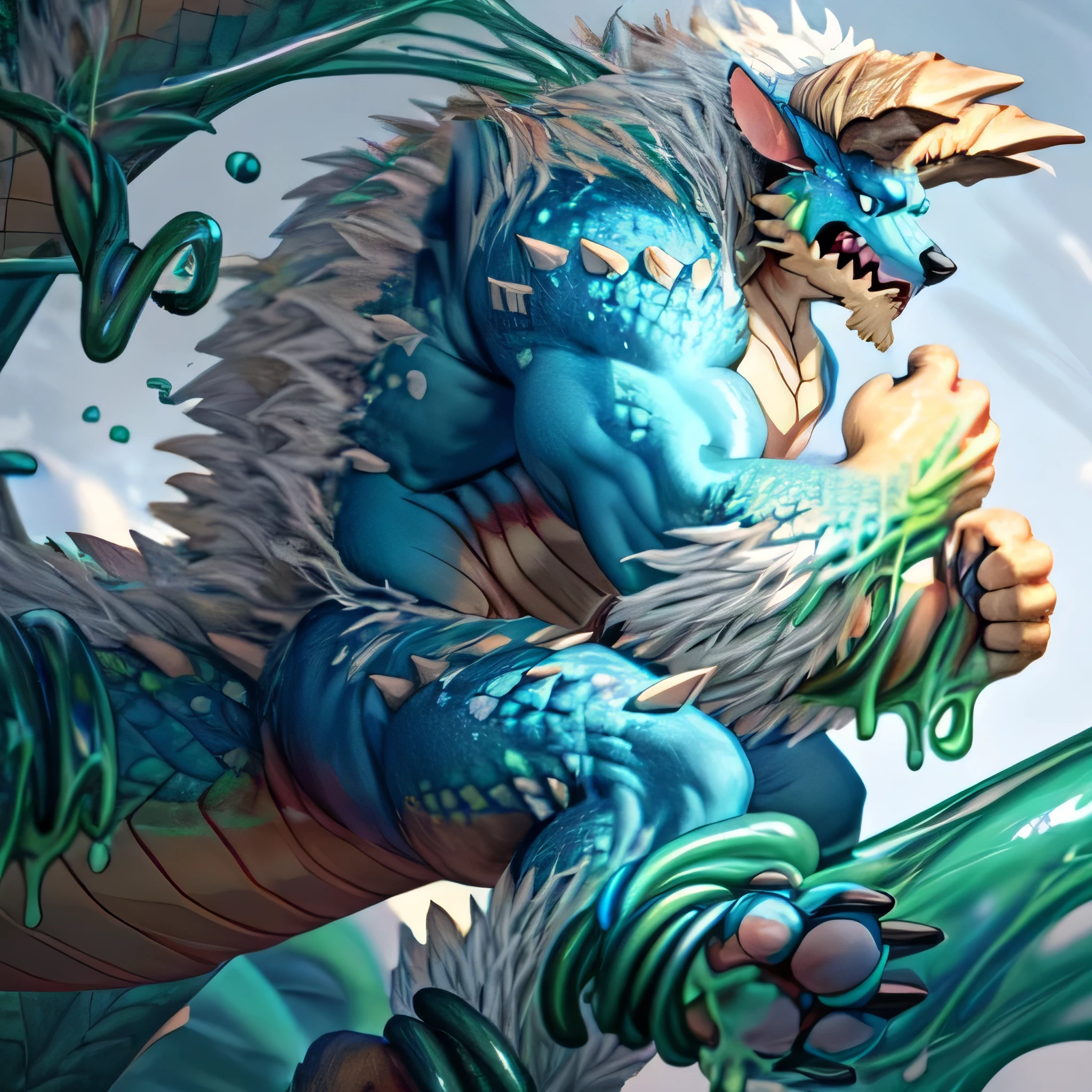 anthropology,(zinogre:1.2),Tail,((whole body,blue eyes, Blue body, White furry, Yellow Hand, Feet, Blue face,4 toes,Tail )),,muscular, whole body, (author:null-ghost,From raccoon21,masterpiece,high quality), Night Fight,((boundary)), rest (((Slime monster uses tentacles to fight dragon)),4 toes,struggle, (pain:1.3),frown,annoyed, Worry,full body,pawpads,((horns))