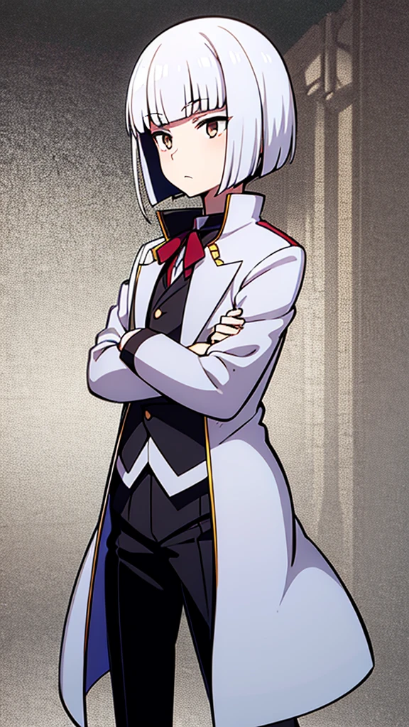 best quality,Japanese animation style adult male,short hair,white hair,((Up-bang and parted into seven thirds)),small eyes,slant eyes, white eyes,
stern expression,Tailcoat combat specifications based on white,Background is inside a castle,folding one's arms