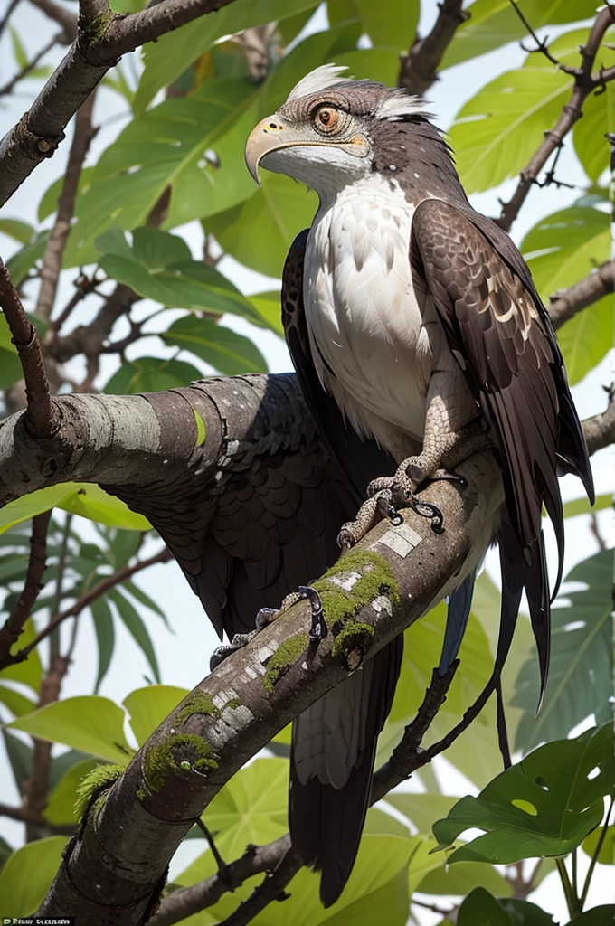 Represent a chameleon with the colors of an eagle, merging shades of brown, black and white with striking feather details. Place the chameleon on a tree branch in a lush jungle, camouflaged among the foliage while observing the environment with keen eyes.