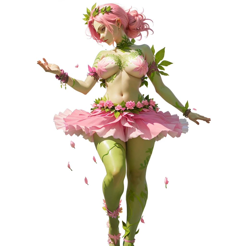A woman with pink petals covering her nipples and pink petal skirt, short skirt, And pink petal bracelets on her wrists and ankles, She has green vines merged with her skin (Green veins), Alraune, Fantasy Plant species.