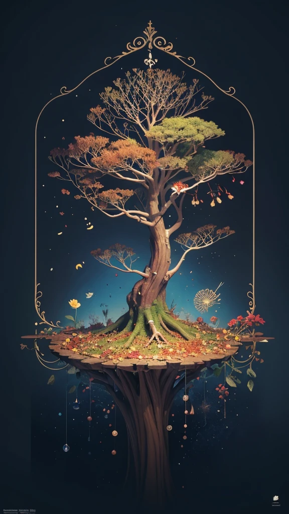 circular tree,four seasons,spring,summer,autumn,winter,leaves,roots,branches,trunk,ornate border,decorative,digital illustration,artwork,movement,time,swirling background,dark background,vibrant colors,natural,life cycle,growth,change,nature,life,peace,harmony,spirituality,symbolism,digital art,illustration,painting,graphic design,art,design,digital media,online art,visual art,fine art,fantasy