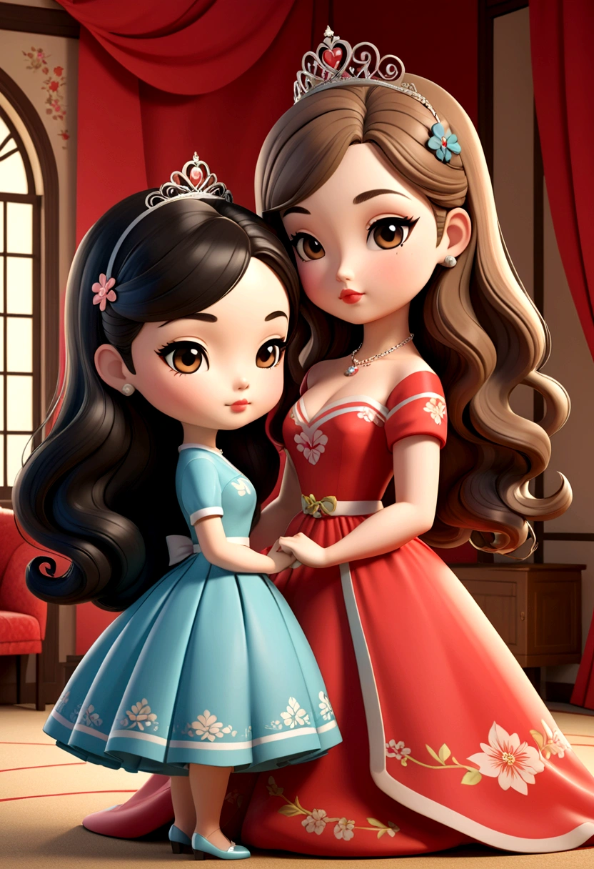 two beautiful curvy chibis in love, a small Asian lady with long flowing black hair and a British princess with light brown hair. Dressed in the style of the 50s. illustration, 3d rendering, photography, realistic, anime, photography, poster