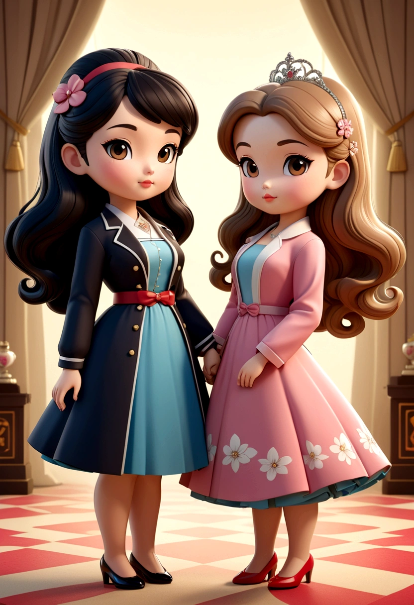 two beautiful curvy chibis in love, a small Asian lady with long flowing black hair and a British princess with light brown hair. Dressed in the style of the 50s. illustration, 3d rendering, photography, realistic, anime, photography, poster