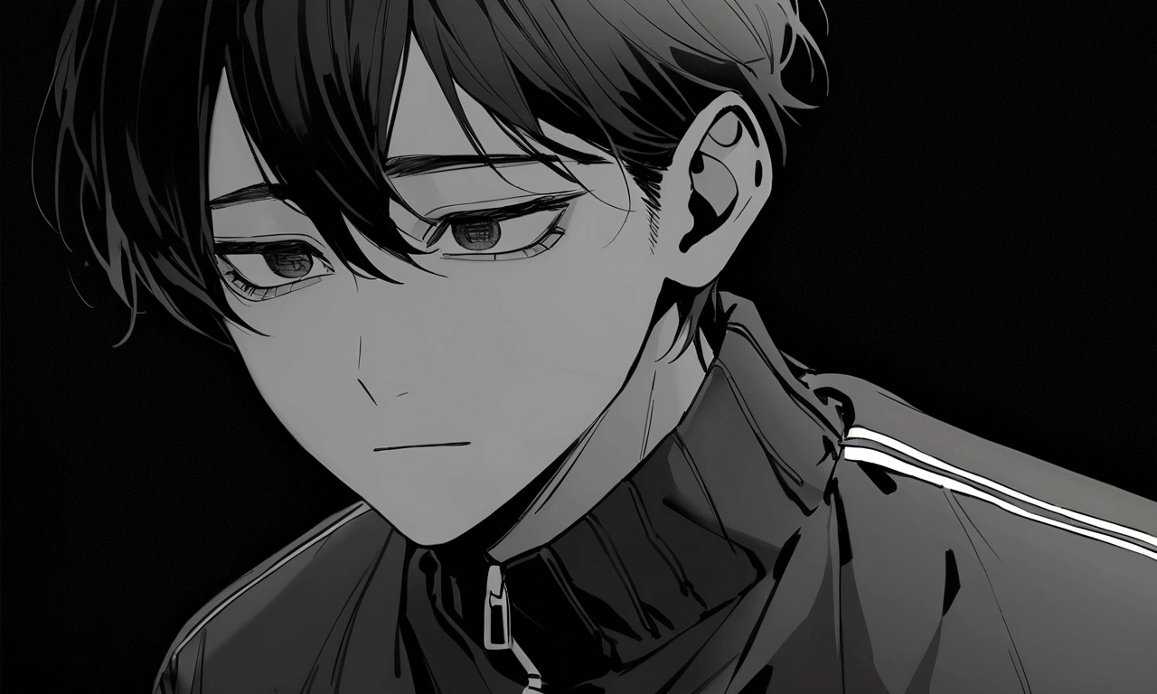 black and white drawing, black background, human, 26 year old male, black neat hair, a lonely face, wearing gray tracksuit, squat down, raise one's eyes.