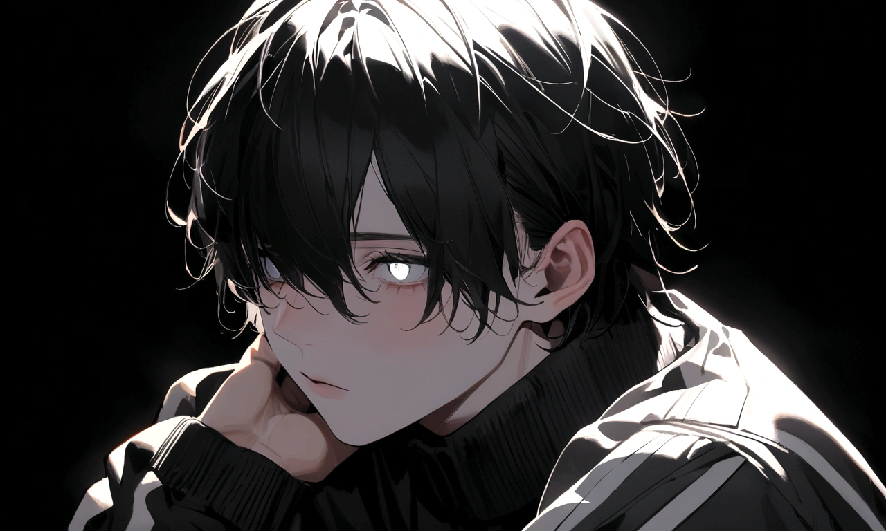 black and white drawing, black background, human, 26 year old male, black neat hair, a lonely face, wearing gray tracksuit, squat down, raise one's eyes.