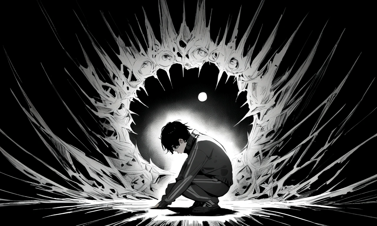 black and white drawing, black background, human, 26 year old male, black neat hair, a lonely face, wearing gray tracksuit, squat down, raise one's eyes.