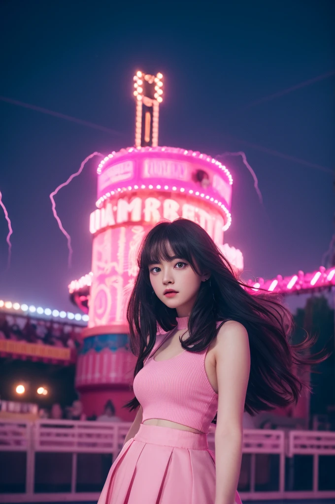 1girl in, Super beautiful girl, Dream Girl, Wearing pink, ulzzangs, Dancing, Concert in amusement park in the background, Lightning in the sky, Ultra Details, A hyper-realistic, Cinematic , Octane Render, 16 K,A dark-haired