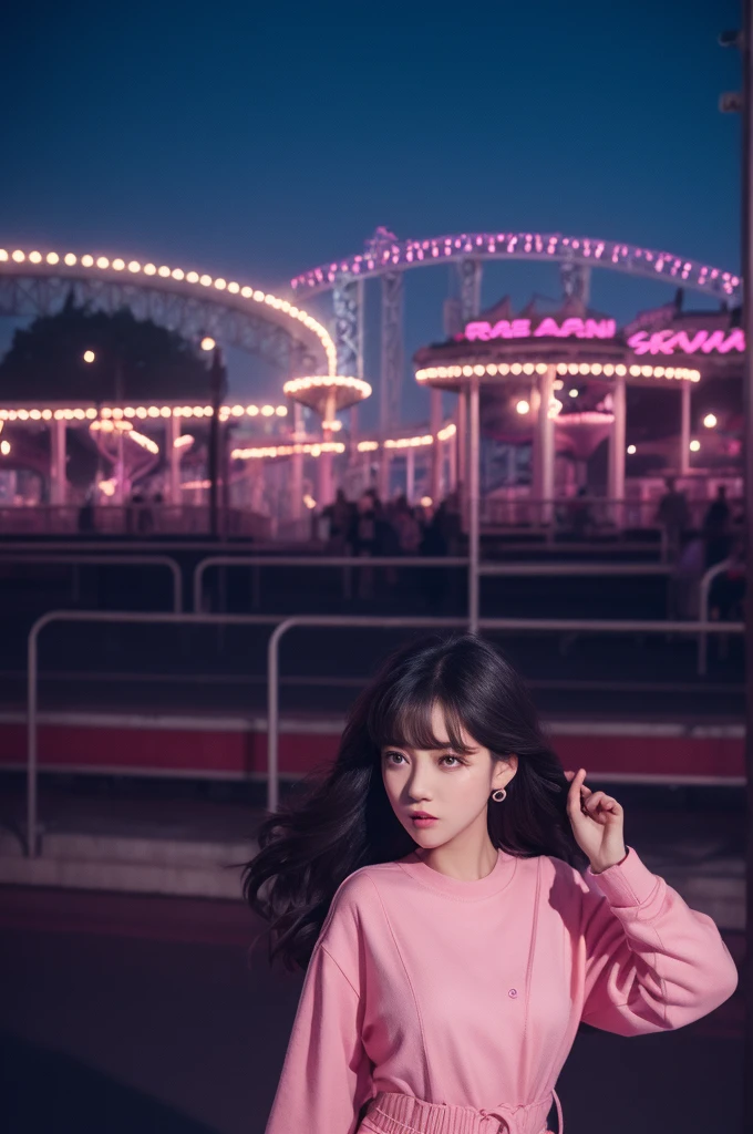1girl in, Super beautiful girl, Dream Girl, Wearing pink, ulzzangs, Dancing, Concert in amusement park in the background, Lightning in the sky, Ultra Details, A hyper-realistic, Cinematic , Octane Render, 16 K，A dark-haired