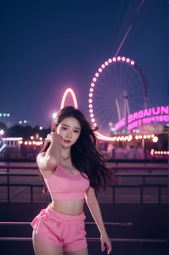 1girl in, Super beautiful girl, Dream Girl, Wearing pink, ulzzangs, Dancing, Concert in amusement park in the background, Lightning in the sky, Ultra Details, A hyper-realistic, Cinematic , Octane Render, K,A dark-haired