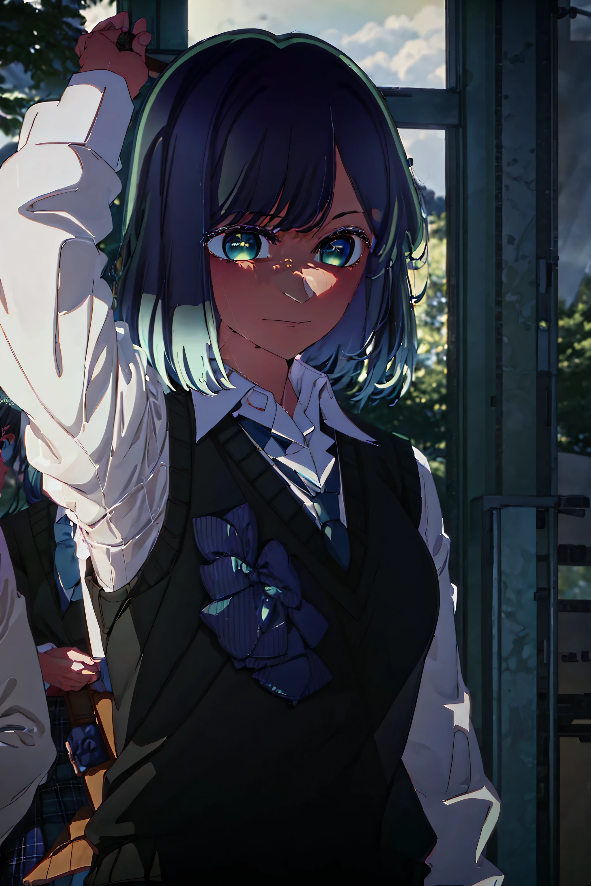 best quality, masterpiece, 1 girl, alone, beautiful, detailed eyes, shirt, blue tie, blue hair, white shirt, long sleeves, medium hair, collared shirt, vest, indoors, , bangs, vest, closed mouth , smile, green eyes, multicolored hair, black vest, short hair, faded hair, blue eyes, skirt, walking down the street, in the rain, holding her umbrella