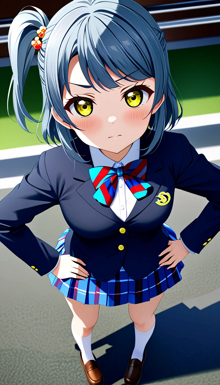 1girl, solo, otomune kozue, love live! hasunosora, one side up, otonokizaka winter uniform, navy blue jacket,blue bow tie, closed mouth, looking at viewer, pleated skirt, serious face, striped bow, blue striped skirt, blush, plaid skirt, blue striped bowtie, socks, loafers,standing,put hands on hip,from above,background in school ,BREAK score_9, score_8_up, score_7_up, score_6_up, source_anime