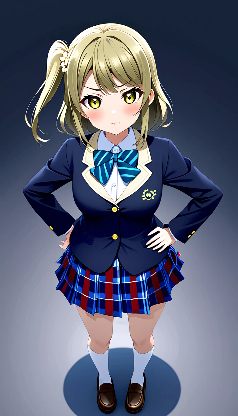 1girl, solo, otomune kozue, love live! hasunosora, one side up, otonokizaka winter uniform, navy blue jacket,blue bow tie, closed mouth, looking at viewer, pleated skirt, serious face, striped bow, blue striped skirt, blush, plaid skirt, blue striped bowtie, socks, loafers,standing,put hands on hip,from above,background in school ,BREAK score_9, score_8_up, score_7_up, score_6_up, source_anime 