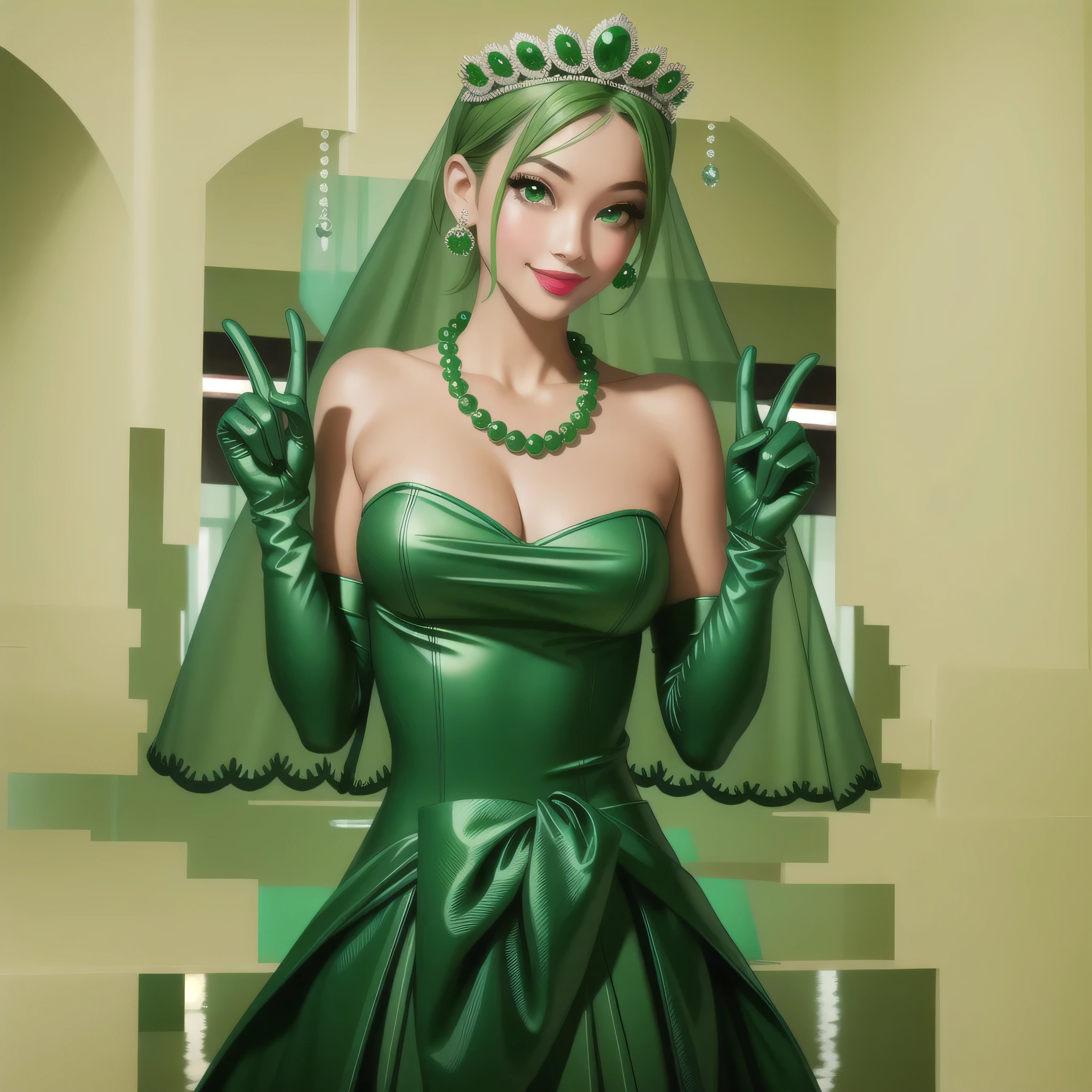 emerald tiara, Green Pearl Necklace, Boyish very short green hair, Green Lips, Smiling Japanese woman, Very short hair, Busty beautiful lady, Green Eyes, Green satin long gloves, Green Eyes, Emerald Earrings, Green veil, Vsain, Green Hair, Beautiful Japanese Women, green lip gloss