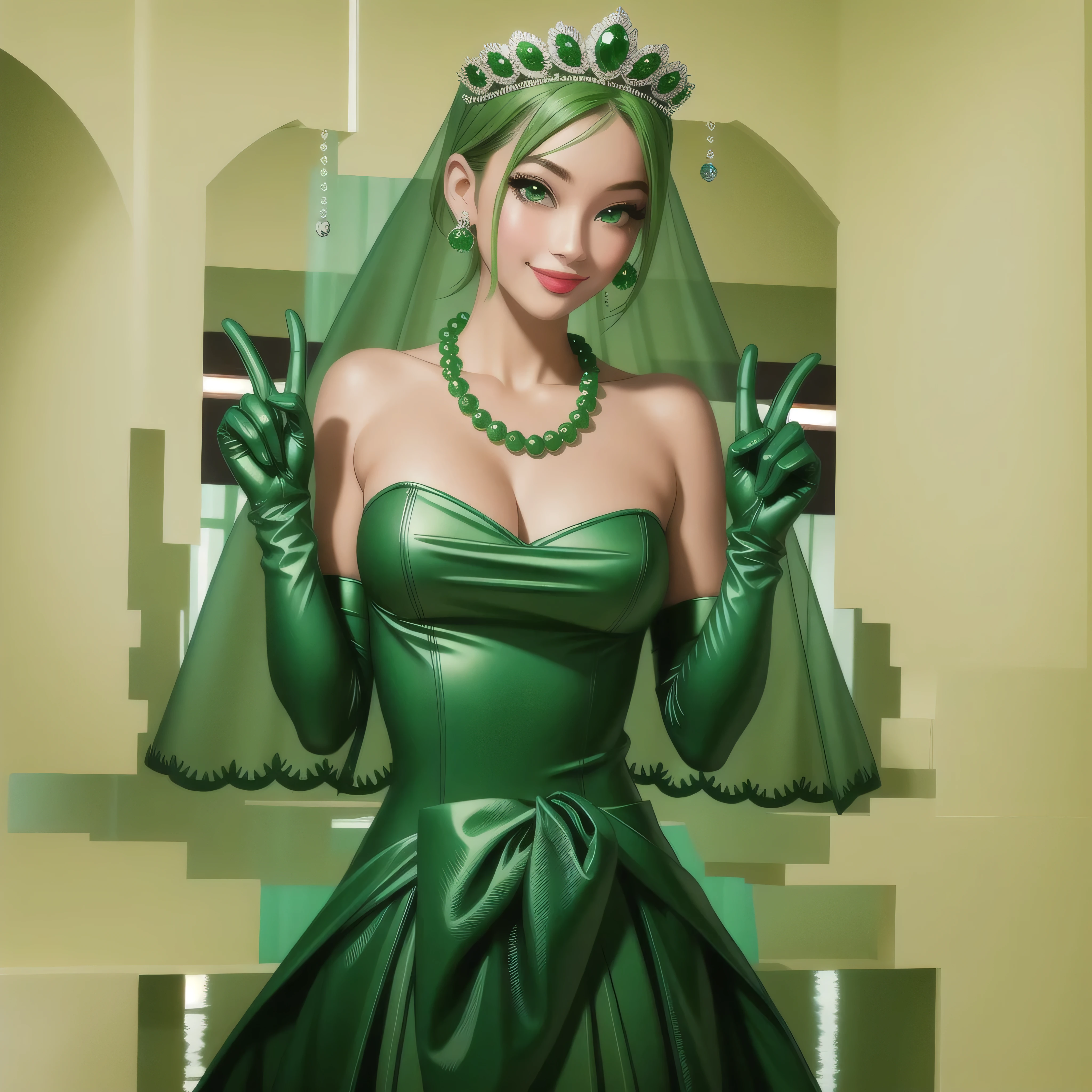 emerald tiara, Green Pearl Necklace, Boyish very short green hair, Green Lips, Smiling Japanese woman, Very short hair, Busty beautiful lady, Green Eyes, Green satin long gloves, Green Eyes, Emerald Earrings, Green veil, Vsain, Green Hair, Beautiful Japanese Women, green lip gloss