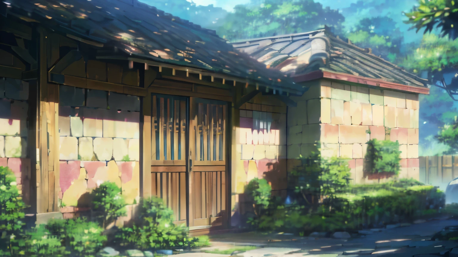 detailed anime style, beautiful detailed anime style pueblo background, detailed adobe architecture, detailed stone walls, detailed tropical plants, lush foliage, (best quality,4k,8k,highres,masterpiece:1.2),ultra-detailed,(realistic,photorealistic,photo-realistic:1.37),intricate details, vibrant colors, warm lighting, cinematic composition