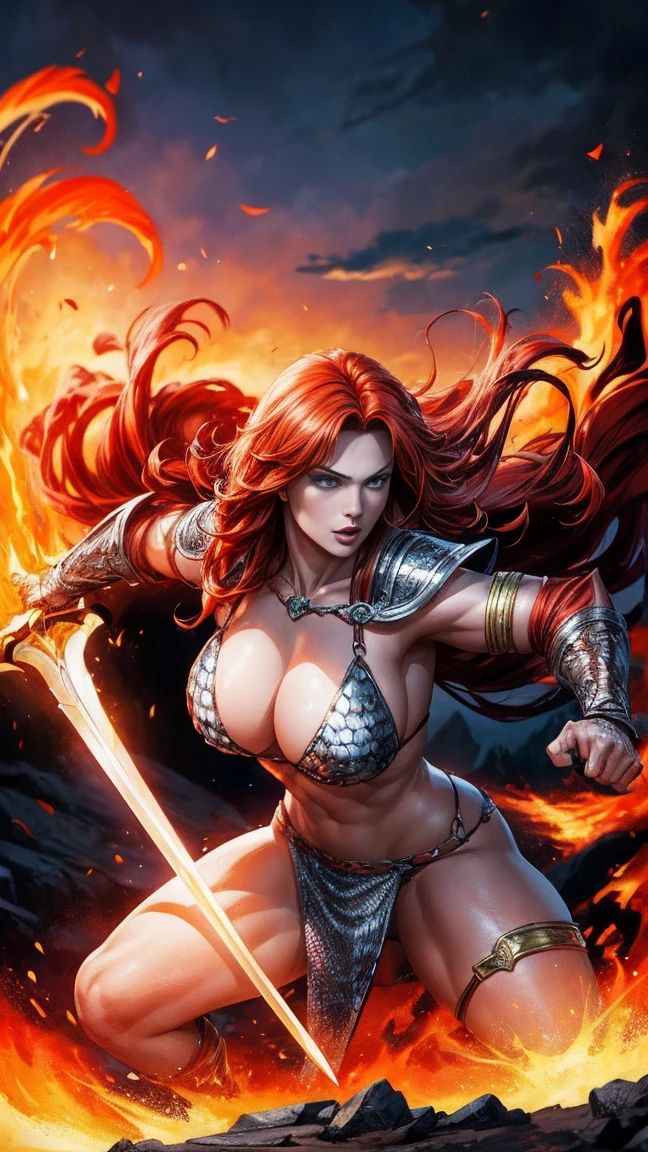 (redhead:1.1, fantasy:1.2, comic book:1.2), sexy warrior princess, fierce demeanor, red hair flowing, breathtaking beauty, seductive aura, strong and confident, striking pose, powerful stance, fierce eyes, passionate spirit, large, well-defined muscles, armored bikini ensemble, shimmering chainmail, intricate details of the armor, intricate sword, charismatic presence, fire-like sword strokes, swirling flames, epic battle, mythical background, atmospheric lighting, intense red hues, dramatic shadows, dynamic composition, high-resolution artwork, fine art quality, hyper-realistic style, perfect anatomy, captivating curves, radiant skin tones, flirtatious smile