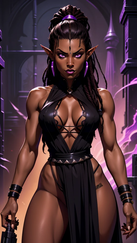 (Concept Art) of an (African­ American) female, with dark (black dreadlocks), purple eyes, dark (brown skin), (pointed ears), (slutty assassin), sexy black robe, (lust) demon, (medium shot), perfect composition, hyper-detailed, 8K, high quality, (perfect eyes), trending art, sharp focus, studio photo, intricate details, (Pin-up) pose