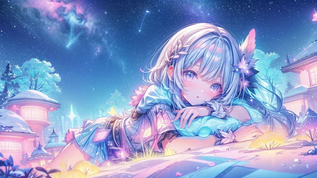 Depicts a scene where a cute girl character lies on a grassy hill, Looking at the stars. Surround her with colorful nebulae and her favorite constellations, Farther perspective, Snow-white hair and shiny black eyes
