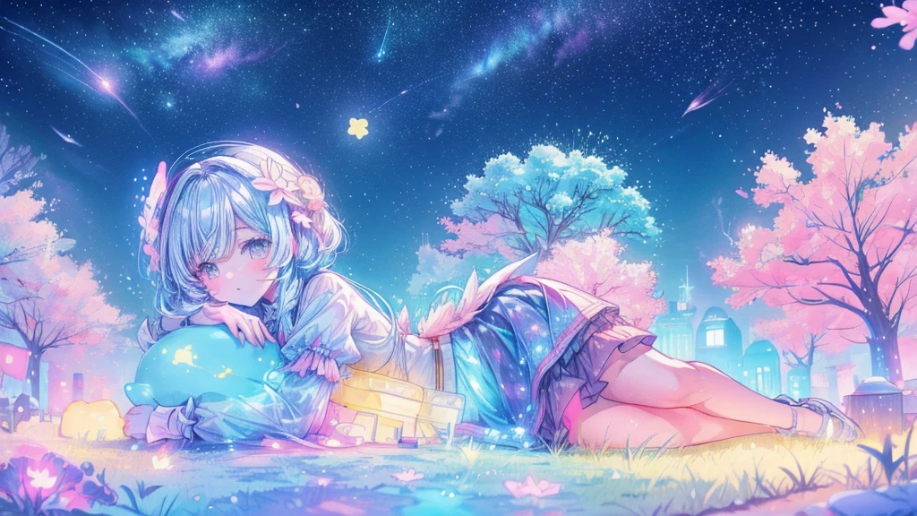 Depicts a scene where a cute girl character lies on a grassy hill, Looking at the stars. Surround her with colorful nebulae and her favorite constellations, Farther perspective, Snow-white hair and shiny black eyes