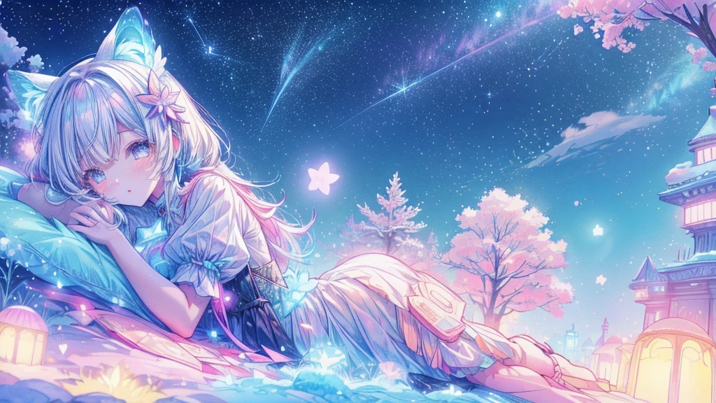 Depicts a scene where a cute girl character lies on a grassy hill, Looking at the stars. Surround her with colorful nebulae and her favorite constellations, Farther perspective, Snow-white hair and shiny black eyes