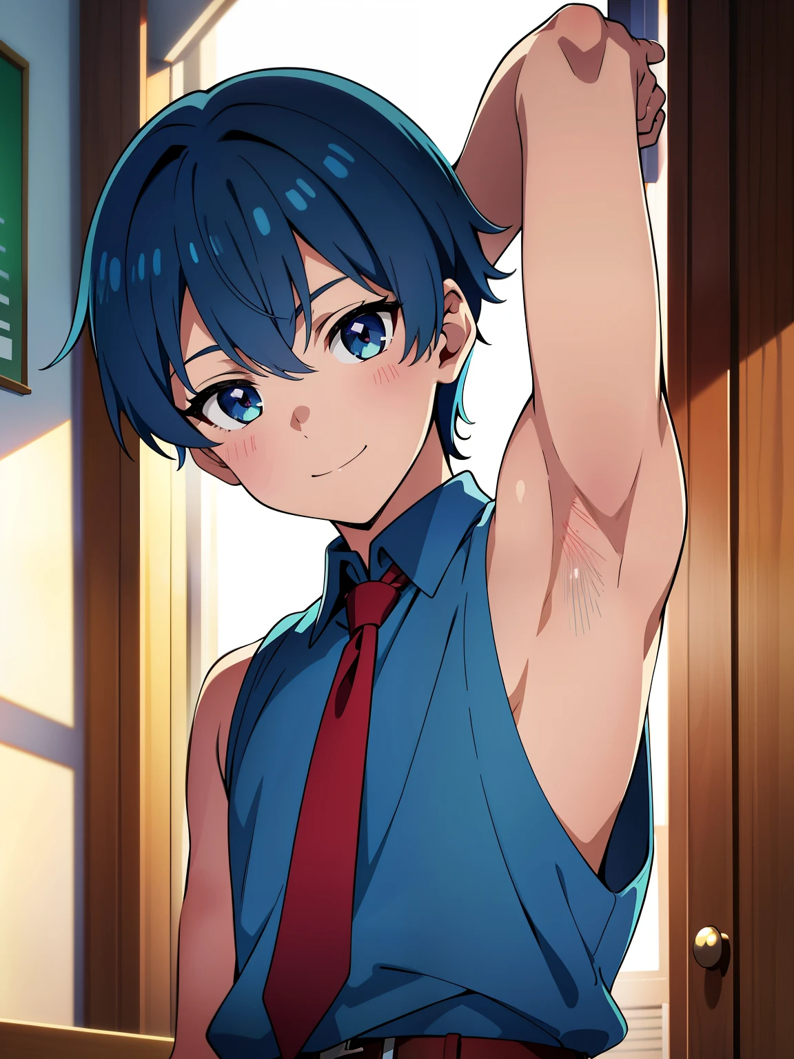 Highres, Masterpiece, Best quality at best,Best Quality,hight quality, hight detailed, Anime style, 1boy, Shota, young boy, Solo person, smile, Blue hair, fluffy hair, school, Sleeveless uniform, Bare shoulder, Tie, Seen from the front, look at viewer, upper body, belt, Such a cute smooth armpit, showing armpit, zoom in to the armpit, Focus on the armpit, shine closer to the armpit, Cute armpit, Sexy armpit, beautiful armpits, seductive armpits, a Boy cutely shows his armpit, The armpits of a 12 year old boy, Adorable little armpits, (very young boy), (very small and short body), s, uhd, blurry beckground
