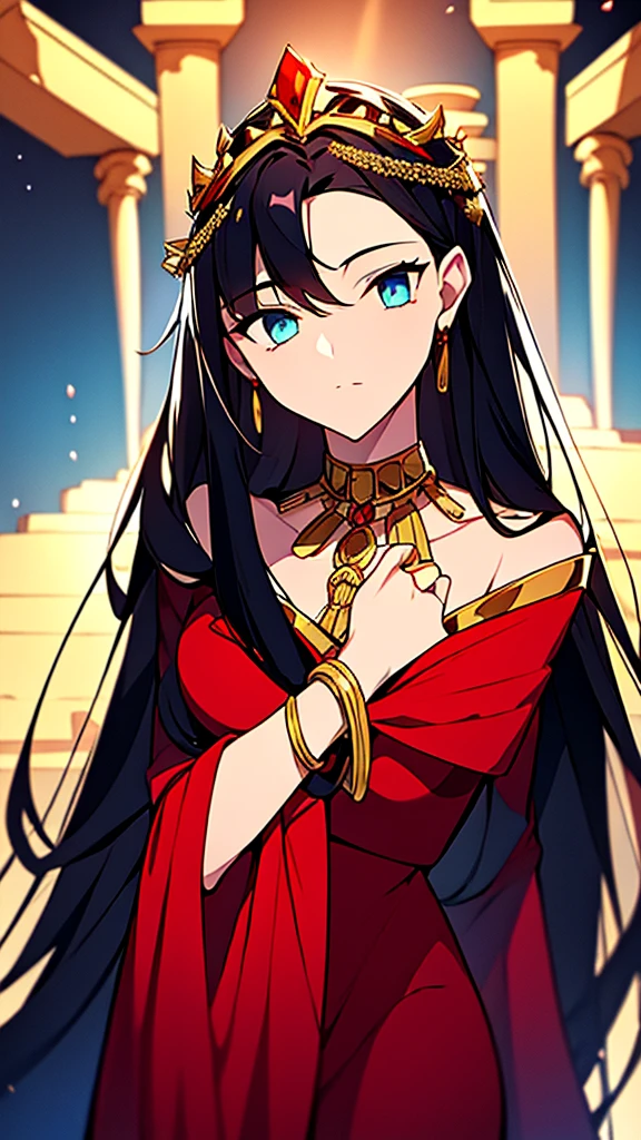 She is a queen of a city in ancient Greece. His hair is black and his eyes are blood red.. She wears a gold tiara around her head. He wears a gold earring in each of his ears.. He wears a necklace decorated with precious stones around his neck.. She is dressed in a red and black ancient Greek dress..