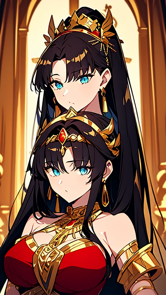 She is a queen of a city in ancient Greece. His hair is black and his eyes are blood red.. She wears a gold tiara around her head. He wears a gold earring in each of his ears.. He wears a necklace decorated with precious stones around his neck.. She is dressed in a red and black ancient Greek dress..