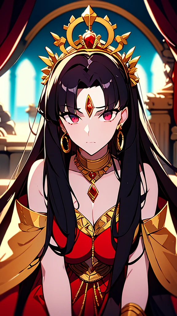 She is a queen of a city in ancient Greece. His hair is black and his eyes are blood red.. She wears a gold tiara around her head. He wears a gold earring in each of his ears.. He wears a necklace decorated with precious stones around his neck.. She is dressed in a red and black ancient Greek dress..