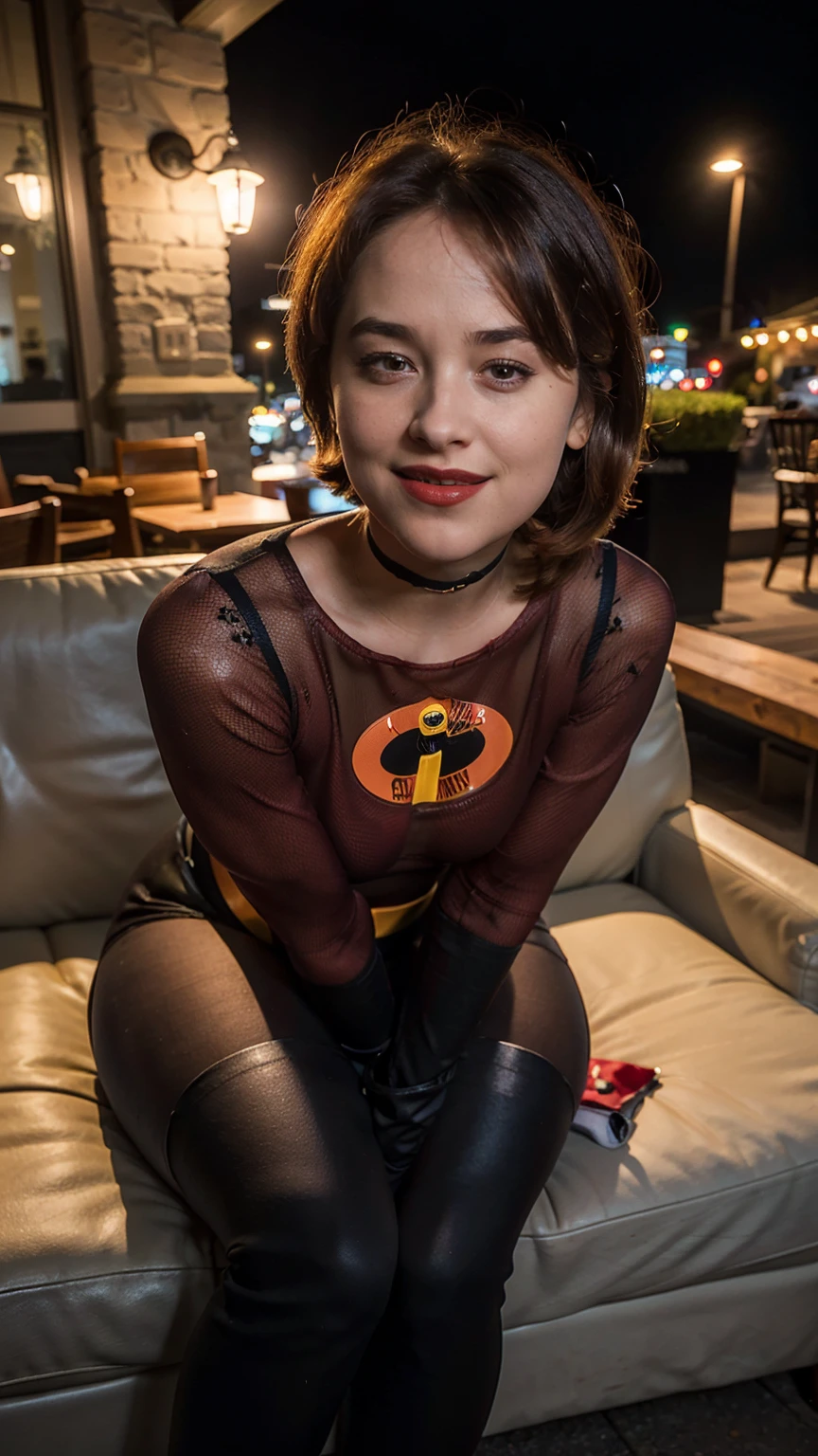 Masterpiece, (photorealistic1.4),Best quality, (solo), (1girl), (epiCRealLife), (photorealistic1.4), (UHD),( helenparr red bodysuit ), (d4k0t4), (young woman), (European model), (ElastigirlHelenParr latex bodysuit), (red bodysuit), (black elbow gloves), (ElastigirlHelenParr costume), (street cafe), (hands down), (black thighhigh), (helenXL black domino mask), (domino mask), (short hair), (ElastigirlHelenParr hairstyle), (outside patio), (1girl), (sitting on sofa),  (look at viewer), (make up), (red lipstick), (light smile), (close up), (spot light), (flashphoto), (flash photography), (night time), (at night), (f/1.8)